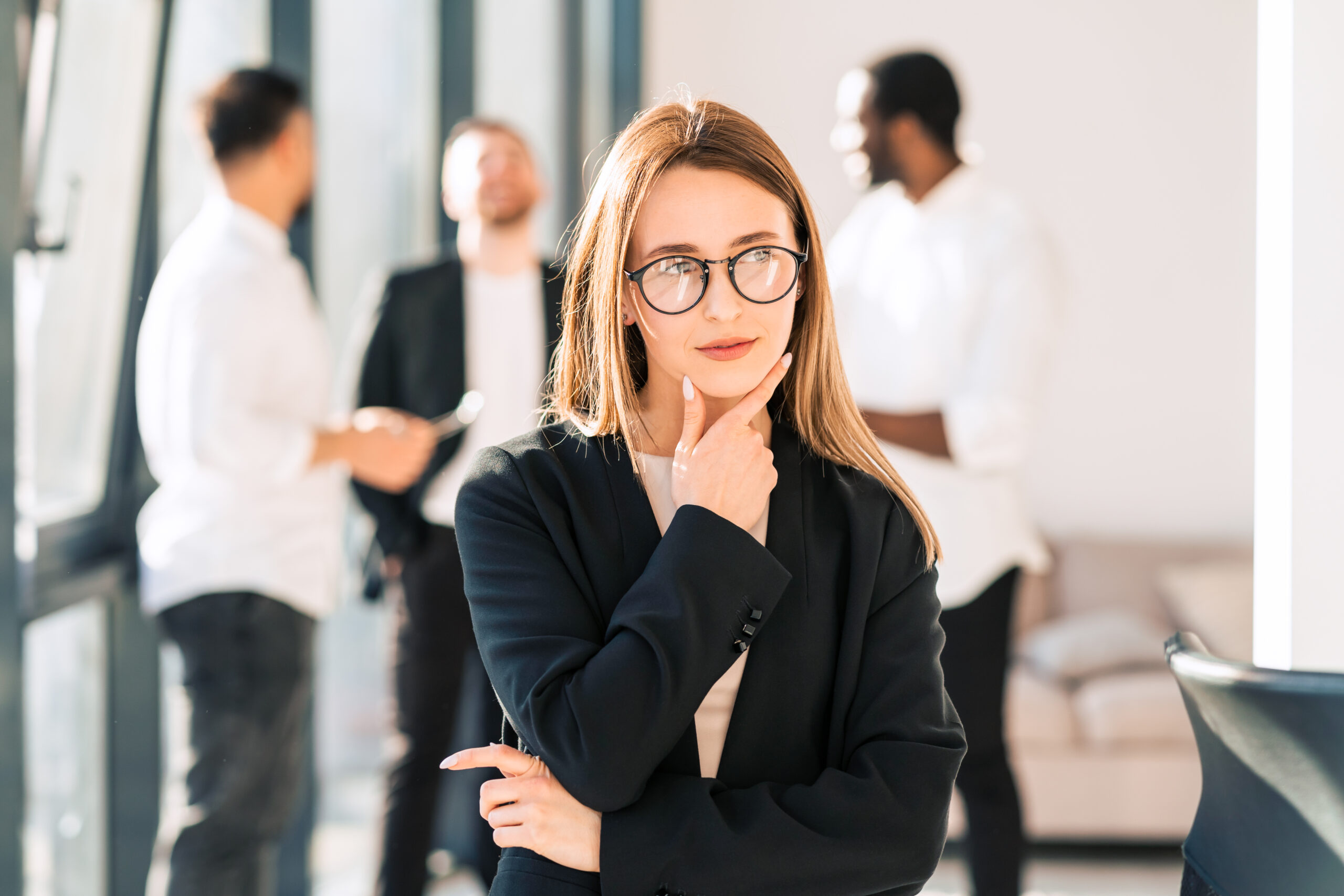 business woman pondering thought leadership strategy